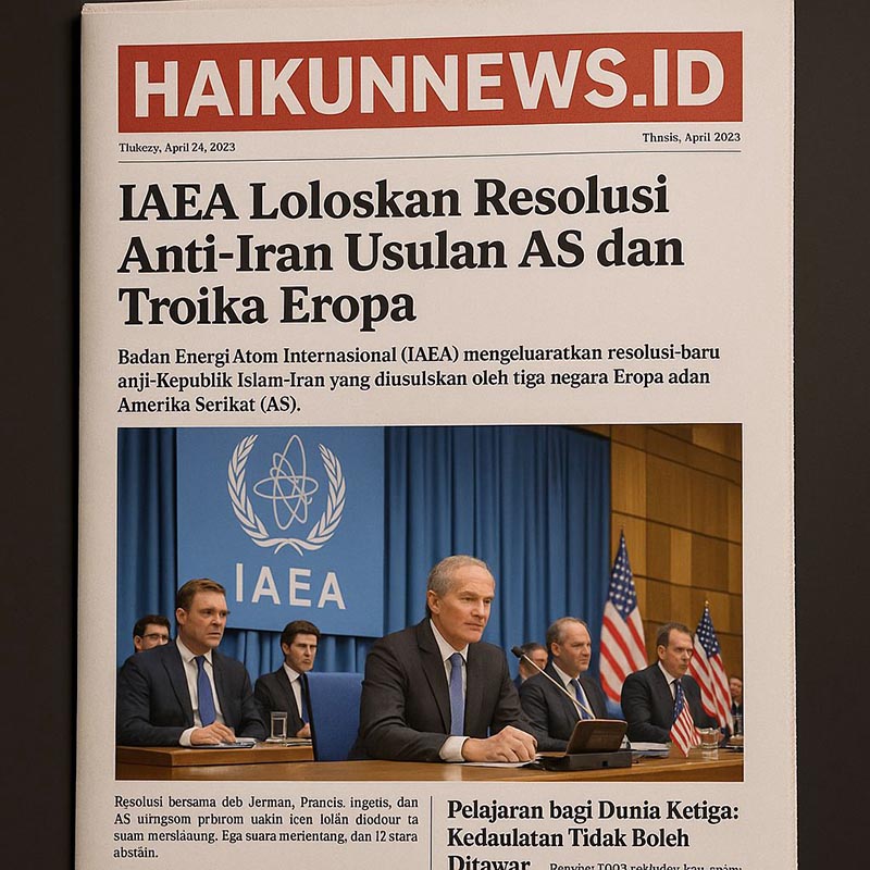 IAEA Loloskan Resolusi Anti-Iran Usulan AS dan Troika Eropa: Analisis Politik Internasional dan Landasan Hukum Global. FOTO : Grafis AI/Haikun