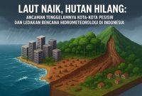 Ancaman Tenggelamnya Kota-Kota Pesisir dan Ledakan Bencana Hidrometeorologi di Indonesia. GRAFIS : HAIKUN