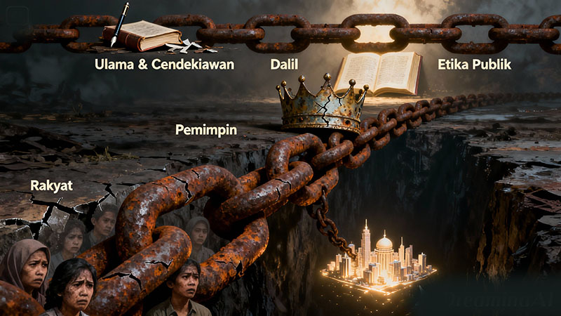 ILUSTRASI : Rantai Kerusakan Sosial: Ulama–Cendekiawan, Pemimpin dan Rakyat. FOTO HN