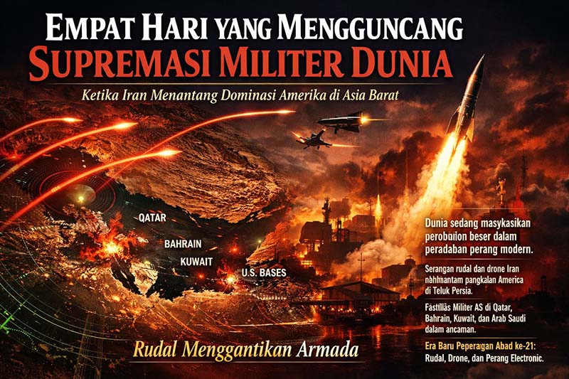 Infografis ini menggambarkan titik balik sejarah militer modern di mana dominasi konvensional mulai ditantang oleh teknologi rudal presisi. Gambar ini menyoroti beberapa aspek krusial dari konflik terkini antara Iran dan Amerika Serikat. (FOTO : Dok. Istimewa/HAIKUNNEWS.ID)