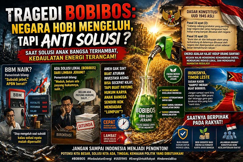 Infografis ini menyoroti nasib BOBIBOS (Bahan Bakar Original Buatan Indonesia, Bos), bahan bakar nabati berbahan limbah jerami yang diklaim setara RON 98. Meski berpotensi menjadi solusi kemandirian energi dan mengurangi beban subsidi APBN, pengembangannya di tanah air masih terhambat birokrasi dan ketiadaan payung hukum yang memadai. (FOTO : HN)