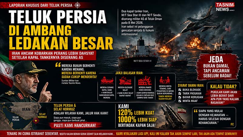 ILUSTRASI : Iran Ancam Kobarkan Perang Lebih Dahsyat Setelah Kapal Tankernya Diserang AS di Perairan Hormuz. (GRAFIS : HAIKUNNEWS.ID)